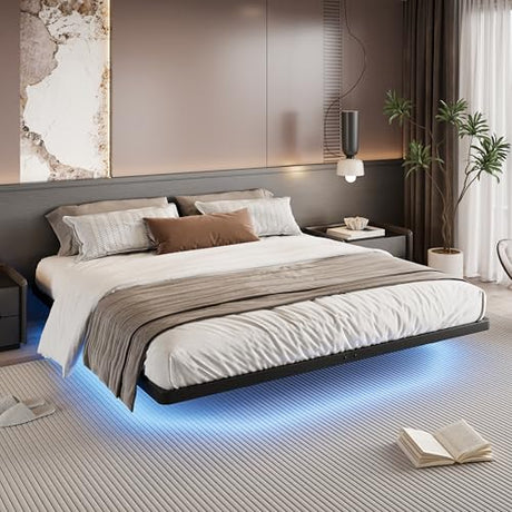 SHA CERLIN Floating Bed Frame King Size with Smart LED Lights and Charging Station, Heavy Duty Metal Platform Bed with Modern Design,No Box Spring Needed, Easy Assembly, Matte Black SHA CERLIN