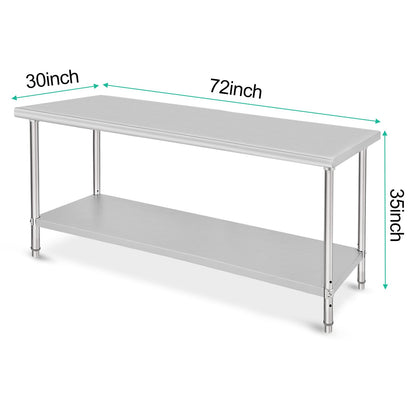 ACONEE Food Prep Stainless Steel Table, Stainless Steel Worktable 72x30x35 Inch, Heavy Duty Metal Table Cart Worktable with Undershelf, Commercial Workstation for Kitchen Restaurant Garage, Silver