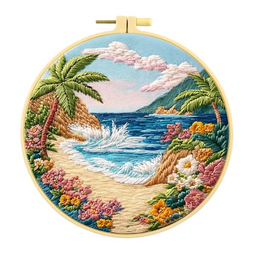 Zhenqing Beach Landscape Embroidery Kit, Seaside Floral Craft Set with 20cm Hoop, Printed Design on 29x29cm Cotton Fabric, DIY Coastal Wall Art (JC0027)