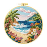 Zhenqing Beach Landscape Embroidery Kit, Seaside Floral Craft Set with 20cm Hoop, Printed Design on 29x29cm Cotton Fabric, DIY Coastal Wall Art (JC0027)