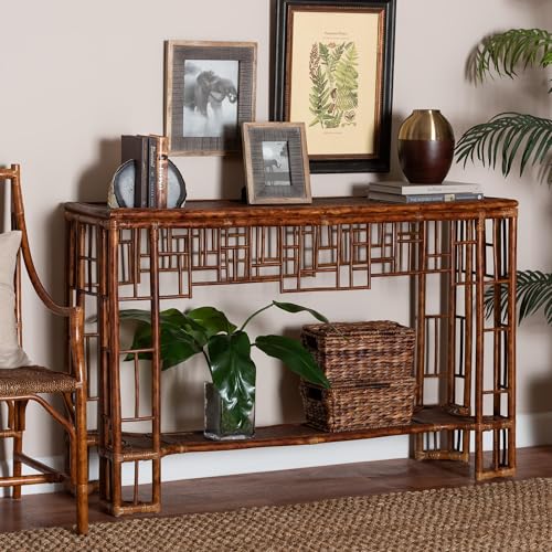 Bali & pari Tahlia Marbled Tortoise Natural Rattan Console Table - Handcrafted Wicker Accent Table with Coastal Boho Style bali & pari