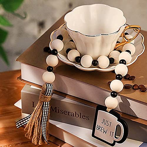 Jetec Coffee Wood Bead Garland with Tassel Coffee Bar Tiered Tray Decor Rustic Farmhouse Tiered Tray Home Decor Boho Beads Garland Kitchen Wall Rustic Coffee Bar Accessories(Simple Style) Jetec