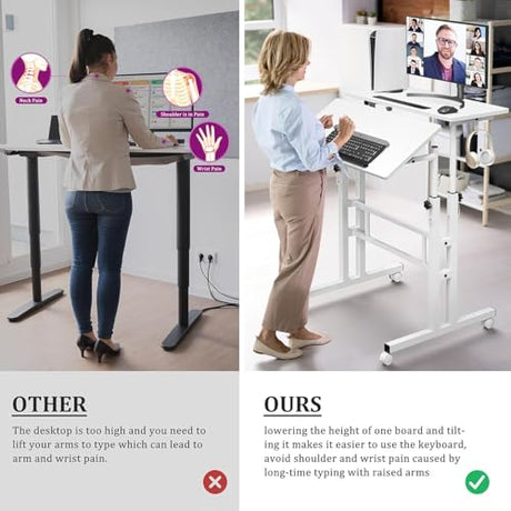 Simple Deluxe Split Top Rotating Standing Desk on Wheels – 23.6" Manual Adjustable Height Mobile Laptop Computer Table – Sit Stand Rolling Workstation with Tilt Function – White Simple Deluxe