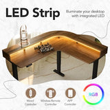 HUANUO Electric L Shaped Stadning Desk with LED Strip & Power Outrlets, 63" x 55" 2-Tier Height Adjustable Sit Stand up Desk with Power Strip Holder, Ergonomic Corner Computer Table, Walnut HUANUO