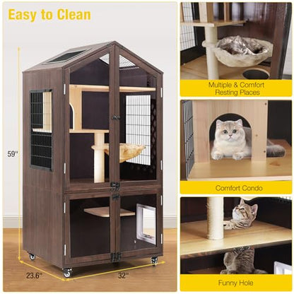 Aivituvin Cabinet Litter Box Enclosure with Cat Tree, Indoor Tall Cat Litter Box Furniture Hidden with Scratching Post, Indoor Cat Furniture with Cat House- Wheels Include