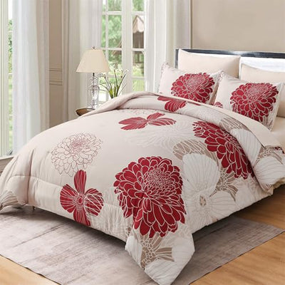 Yiran 7 Pieces Queen Comforter Set Red Floral Bed in a Bag Soft Microfiber Bedding Set 90"×90"(1 Comforter 1 Flat Sheet 1 Fitted Sheet 2 Pillowshams 2 Pillowcases)