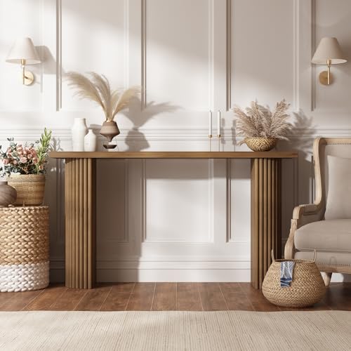Solid Wood Console Table with Drawer - 55 Inches Mid Century Modern Fluted Foyer Table, Entryway Hallway Minimalist Sofa Table, Oval with Drawer HOKYHOKY