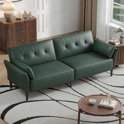COPIAE 89” Futon Sofa Bed,Futon Couch Bed with 2 Square Pillows,Convertible Sleeper Sofa with Adjustable Backrest& Armrests, Modern Loveseat Sleeper for Living Room, Bedroom,Faux Leather Green COPIAE