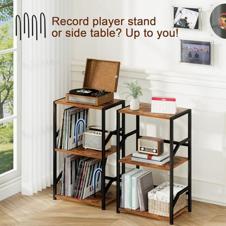 LOAKEKEL Record Player Stand, Vinyl Record Storage Up to 200 Albums, 3 Tier End Table with Removable Dividers, Tall Side Table for Living Room, Bedroom, Rustic Brown, HETCD010BR-1 LOAKEKEL