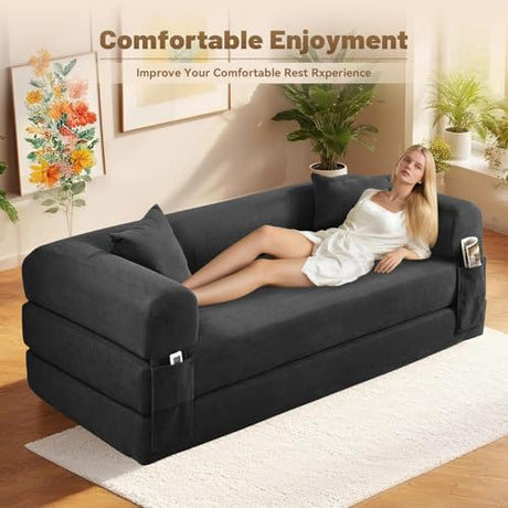 GJQ Convertible Futon Sofa Bed,80" Folding Pull Out Couch Bed with Pillows & Storage,Queen Sleeper Sofa Bed,Compressed Couch in a Box,Corduroy Boneless Couches for Living Room,Deep Gray GJQ