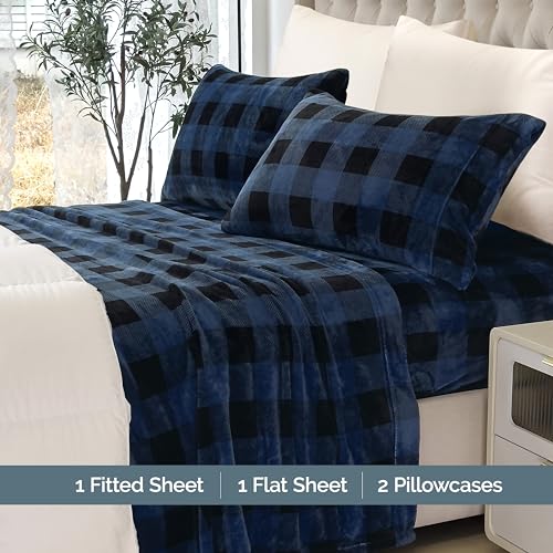 Elegant Comfort Luxuriously Soft 4-Piece Velvet Plush Flannel Sheet Set - Premium Quality - Cozy Warm, Anti-Static, Non Pilling Fuzzy Velvet Flannel Fleece Deep Pocket Sheet Set - Queen, Buffalo Blue Elegant Comfort