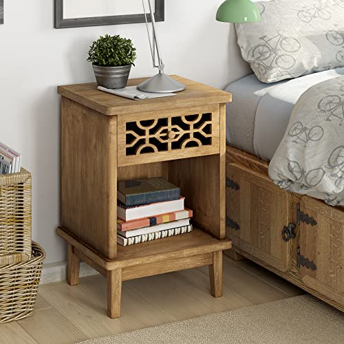 COZAYH Retro Rustic Nightstand Solid Fir End Table Side Table with Hand Carved Front and Open Shelf for Boho, French Country, Farmhouse Style, Natural - WoodArtSupply