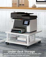 AOOSSI Mobile Printer Stand, 2-Tier Large Printer Shelf for Laser 3D Printer Office Machine with Storage, 23.6"x23.6" Wood Printer Cart Under Desk Rack with Wheels for Office Home Kitchen (White) AOOSSI