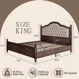 AMERLIFE King Size Solid Wood Bed Frame, Transitional Platform Bed with 52.5" Upholstered Tufted Headboard, Rubberwood/Roman Column Accents/Wood Slat Support/No Box Spring Needed AMERLIFE