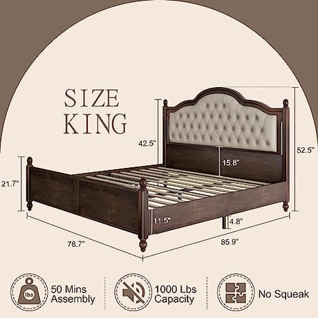 AMERLIFE King Size Solid Wood Bed Frame, Transitional Platform Bed with 52.5" Upholstered Tufted Headboard, Rubberwood/Roman Column Accents/Wood Slat Support/No Box Spring Needed AMERLIFE