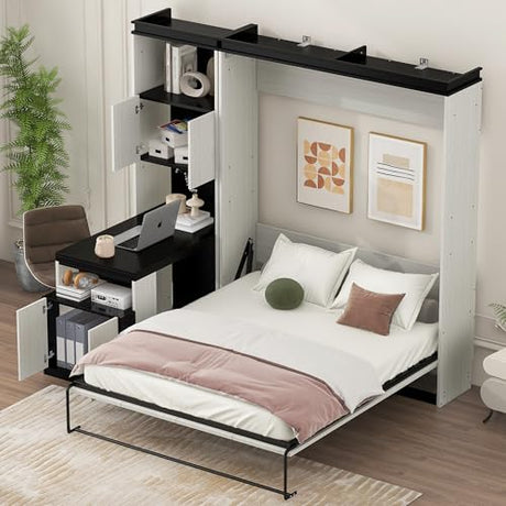 SOFTSEA Full Size Murphy Bed with Desk and Storage Shelves and Cabinets, Black+White SOFTSEA