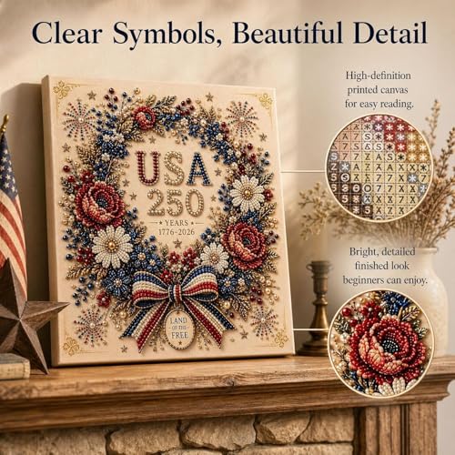 USA 250th Anniversary Beaded Floral Art Kit, Patriotic DIY Pearl Embroidery Canvas (1776–2026 Edition), US 250th DIY Pearl Beaded Floral Craft Decoration, 4th of July Diamond Painting Kit (Wreath)