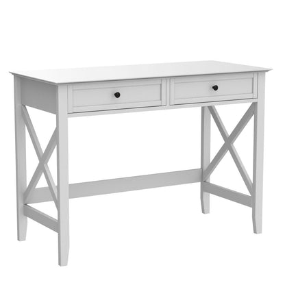 White Computer Desk with 2 Drawers, Modern Makeup Vanity Desk with Storage, Writing Desk for Home Office, 42'' Long Study Simple White Desk for Bedroom Console Table Living Room - WoodArtSupply