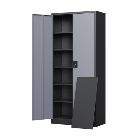 Yizosh Metal Garage Storage Cabinet with Lock, 72" Locking Tool Cabinet with 2 Doors and 5 Shelves, Tall Steel Cabinet for Garage, Heavy Duty File Cabinet for Office, School (Gray Black) Yizosh