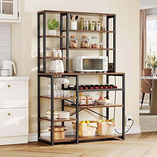 YITAHOME Kitchen Microwave Stand Bakers Rack Coffee Bar with Power Outlet, 39 Inch Large Freestanding Tall Dining Room Storage Shelves for Wine Liquor with Cup Holder, Rustic Brown