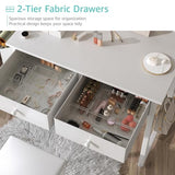 KAI-ROAD White Makeup Vanity Desk with Chair no Mirror, Small Vanity Table with Fabric Drawers, Power Outlet & Stool Without Mirror, Modern Make Up Desk Set for Bedroom KAI-ROAD