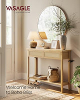 VASAGLE Console Sofa Table, Narrow Entryway Table, 2 Drawers, Open Storage Shelf, Rounded Corners, for Living Room, Boho Style, Oak Beige ULNT016YC01S VASAGLE