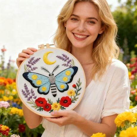BEUNITONE 6 Set Moth Embroidery Kit for Adults Beginners, DIY Needlepoint Craft Kits with Instructions and Hoops, Complete Starter Set for Adults, Funny Hand Embroidery for Fabric and Home Decor BEUNITONE