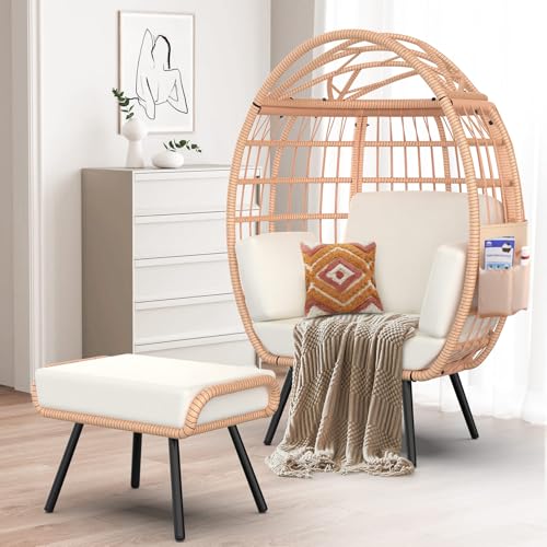 ZENPETIO Wicker Egg Chair with Ottoman, Oversized Indoor Outdoor Lounger with 5 UV Resistant Cushions, All-Weather Wicker Egg Lounger Chair for Patio, Backyard, Living Room, 370lbs Capacity - White