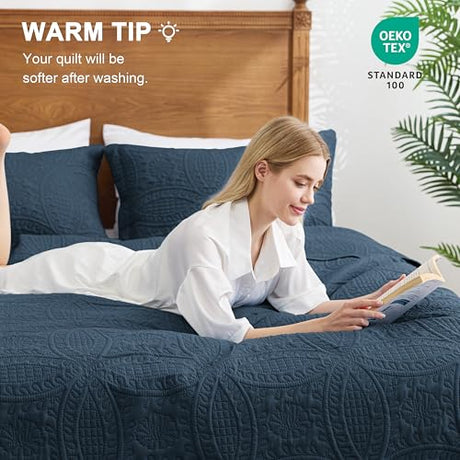 Love's cabin King Size Quilt Set Navy Blue Bedspreads - Soft Bed Summer Lightweight Bedspread Comforter - Modern Style Coin Pattern Coverlet for All Season - 3 Pieces (1 Quilt, 2 Pillow Shams) Love's cabin