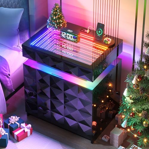 Dystler Night Stand with Charging Station and RGB Lights, LED Nightstand with Tempered Glass and Sliding Top, 3 Drawers Bedside Table with Hidden Storage, Lockable End Side Table for Bedroom, Black Dystler