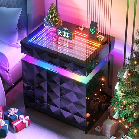 Dystler Night Stand with Charging Station and RGB Lights, LED Nightstand with Tempered Glass and Sliding Top, 3 Drawers Bedside Table with Hidden Storage, Lockable End Side Table for Bedroom, Black Dystler