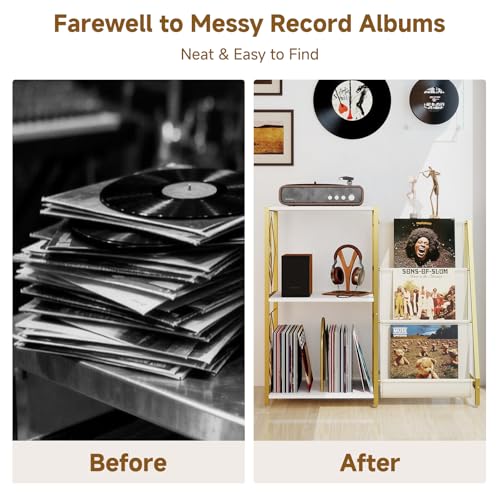 INHABIT UNION Record Player Stand, Turntable Stand with 3-Tier Vinyl Storage, Vinyl Record Stand Storage up to 200+ Albums,Vinyl Display Holder Shelf for Living Room,Bedroom(Glod White) INHABIT UNION