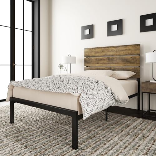 Allewie Twin Size Rustic Platform Bed Frame with Wood Headboard and Metal Slats - Light Brown - WoodArtSupply