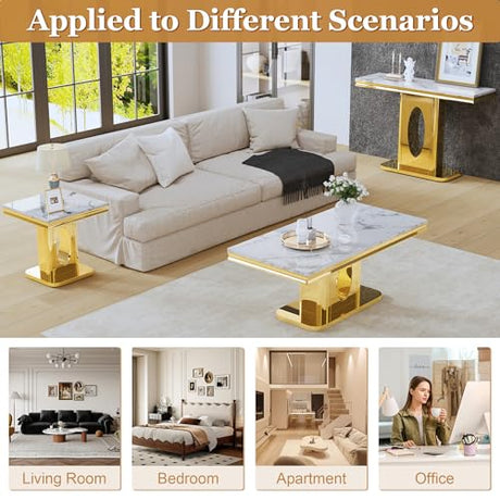 47" Rectangular Console Table, Modern Accent Table with White Faux Marble Top and Gold Mirror Stainless Steel Base, Modern Entryway Table for Living Room, Bedroom, or Hallway AF ARTISAN FURNITURE
