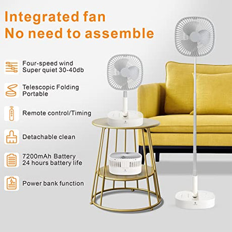 Magesh Portable Pedestal Fan - Foldaway Standing Fan Foldable Desk Fan, Use 7200Mah Rechargeable Battery, Remote Control Telescopic 4 Speed Quiet Timer Fan for Home Kitchen Outdoor Camping (Gray) Magesh
