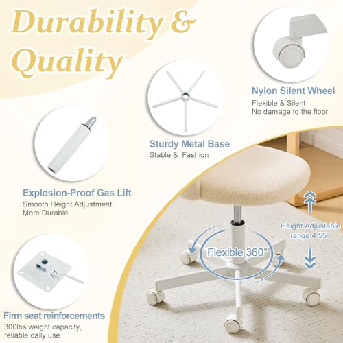 VINGLI Candy Chair Armless Cute Desk Chair,Comfy Small Office Chair with Wheels,Vanity Chair Lumbar Support,Teddy Adjustable Rolling Swivel Computer Task Chair for Home Office,Bedroom,Creamy Beige VINGLI
