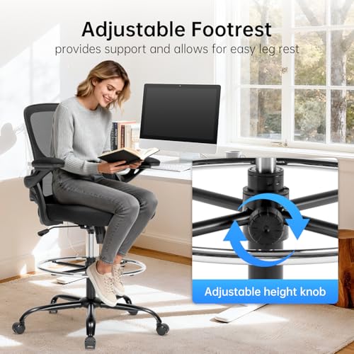 Heromate Drafting Chair Ergonomic Comuputer Standing Desk Chair with Flip-Up Arms and Lumbar Support, Tall Office Chair with Adjustable Footrest, Stool Counter Height Office Chairs Black Heromate