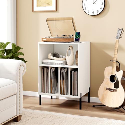LOKO Record Player Stand with LED Lights, Turntable Stand with Charging Station, Vinyl Storage Holder with Sturdy Metal Legs, Album Display Shelf for Living Room, Bedroom (White) LOKO