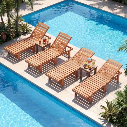 Tangkula Lounge Chair Outdoor, Solid Wood Patio Chaise Lounge with 5-Level Adjustable Backrest, Wooden Slatted Beach Pool Sunbathing Recliner for Outside Backyard, 500 LBS Max Load (2,Natural)