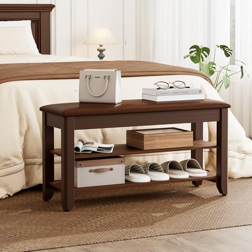 Homleke Shoe Rack Bench with Flip-Top Storage, Solid Wood Entryway Bench with Cushion, Adjustable Shelf, for Hallway, Mudroom, Closet – Walnut, 31.5" Homleke