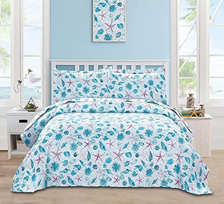 Pink Starfish & Aqua Twin Size Beach Quilt Set - Reversible & Lightweight Bedding - Collection with Coverlet Jessy Home