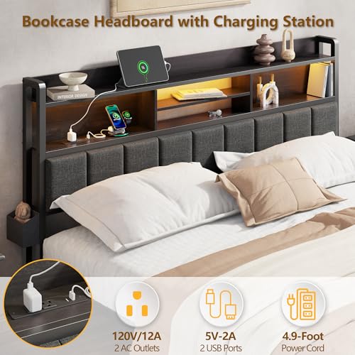 Furnulem King Bed Frame with Wood Headboard & Storage Drawers, Metal Platform Bed Frames King Size with LED Lights, Built in Charging Station, No Box Spring Needed, No Noise, Easy Assembly, Black Furnulem