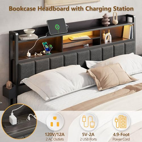 Furnulem King Bed Frame with Wood Headboard & Storage Drawers, Metal Platform Bed Frames King Size with LED Lights, Built in Charging Station, No Box Spring Needed, No Noise, Easy Assembly, Black Furnulem