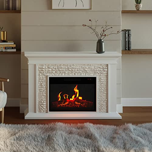 Electric Fireplace with Mantel - Freestanding Heater with Remote Control, Light-Adjustable LED Flames, and Faux Logs and Stones by Northwest (White) Northwest