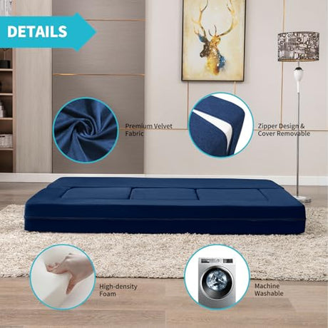 CECER 80" Convertible Floor Sofa Bed，Folding Sofa Bed with 3 Ottomans，Velvet Modular Sectional Futon Sleeper，Foldable Memory Foam Couch for Living Room/Guest Room/Playroom（Blue） CECER