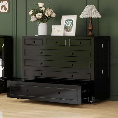 Keloyid Queen Murphy Bed Included Mattress：Wood Murphy Bed Cabinet with USB Charging Station and Large Storage Drawer for Bedrooms/Guest Rooms/Apartments, Black-13 Keloyid
