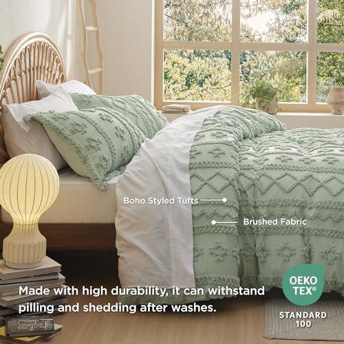 Bedsure Boho Twin Duvet Cover, Soft & Comfortable Elegant Design Boho Bedding for Decoration, Machine Washable Comforter Cover for All Seasons,Includes 1 Duvet Cover & 1 Pillow Sham,Light Green Bedsure