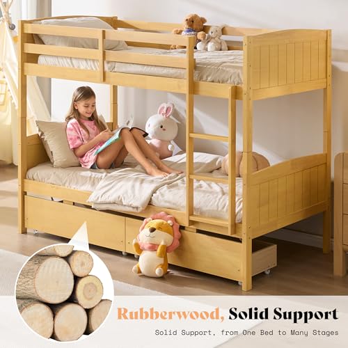 AMERLIFE Twin Over Twin Bunk Bed with Storage Drawers, Solid Rubberwood 2-in-1 Convertible Loft Beds with Ladders, Modern Detachable Bed Frame for Kids and Teens Bedroom, Natural Wood AMERLIFE