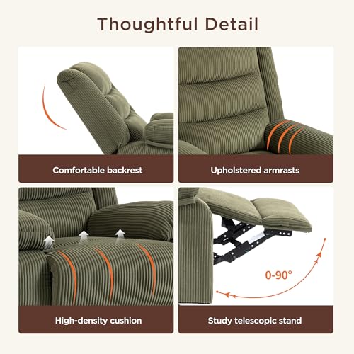 360° Swivel Rocker Recliner Chair for Adults, Nursery Manual Reclining Chair with Arms and Back, Upholstered Glider Rocking with Side Pockets for Living Room, Bedroom Nursing use, Corduroy, Green