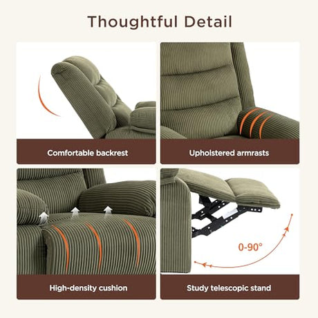 360° Swivel Rocker Recliner Chair for Adults, Nursery Manual Reclining Chair with Arms and Back, Upholstered Glider Rocking with Side Pockets for Living Room, Bedroom Nursing use, Corduroy, Green FiveWillowise